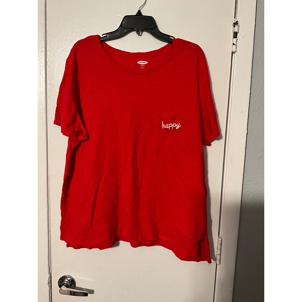 Old Navy Red‎ Boyfriend Pocket Tee Happy Embroidered Cotton Shirt XL